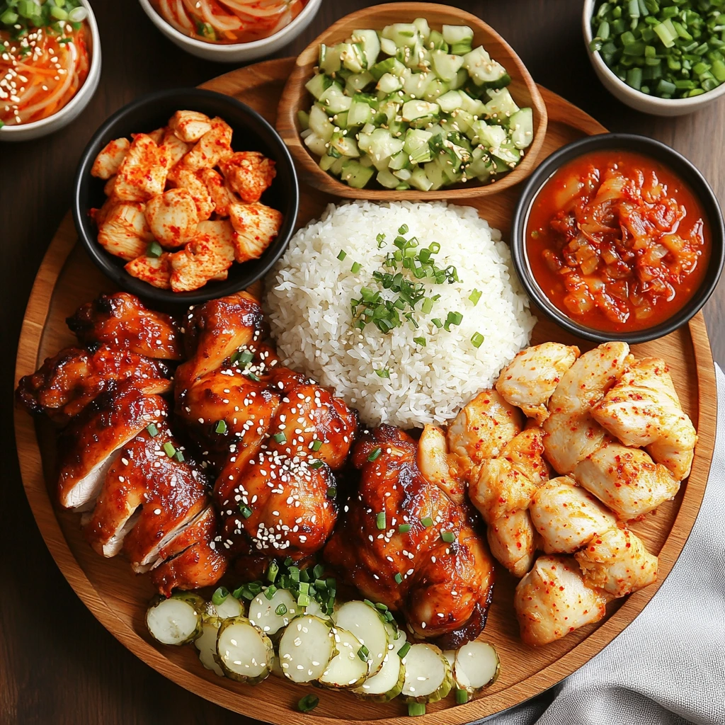 Oven-roasted Goobne Chicken glazed with spicy Korean sauce, served with fresh vegetables.