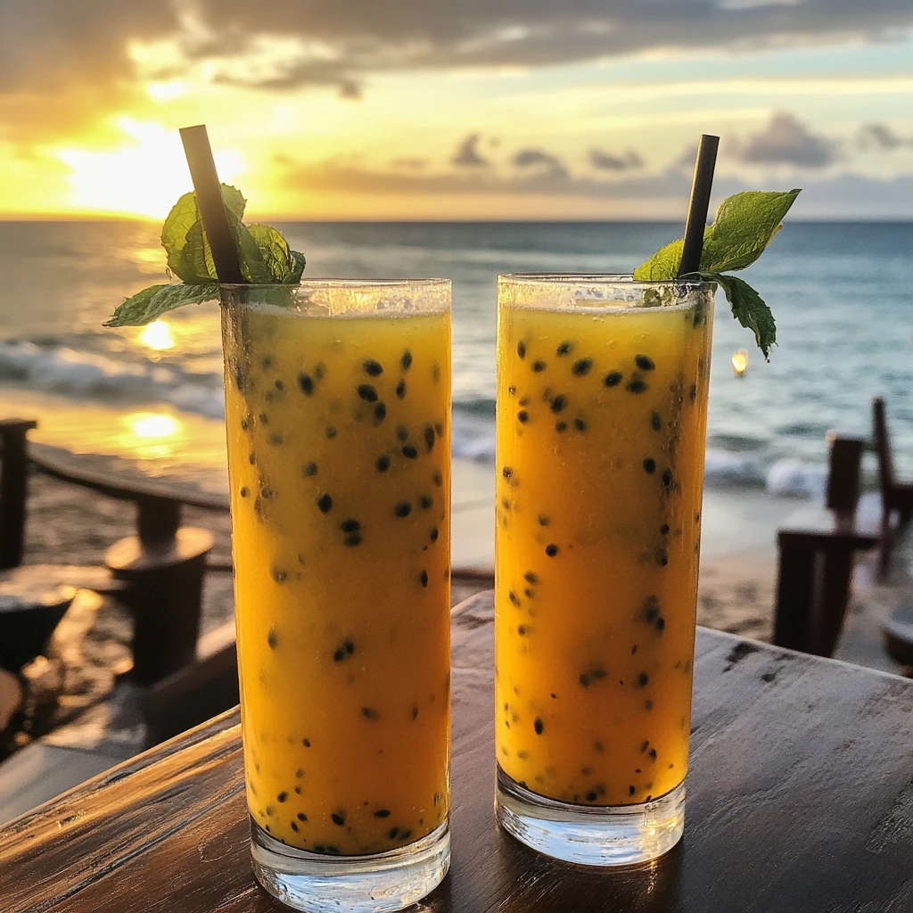 Glass of fresh passion fruit juice with halved passion fruits and mint leaves on a wooden table