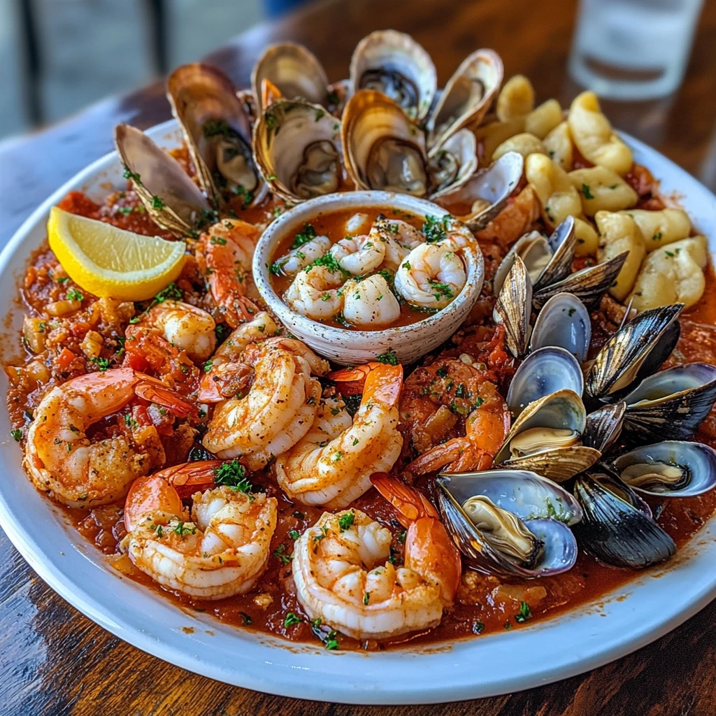 Assorted seafood recipes including grilled fish, shrimp pasta, mussels, and baked salmon on a rustic table.
