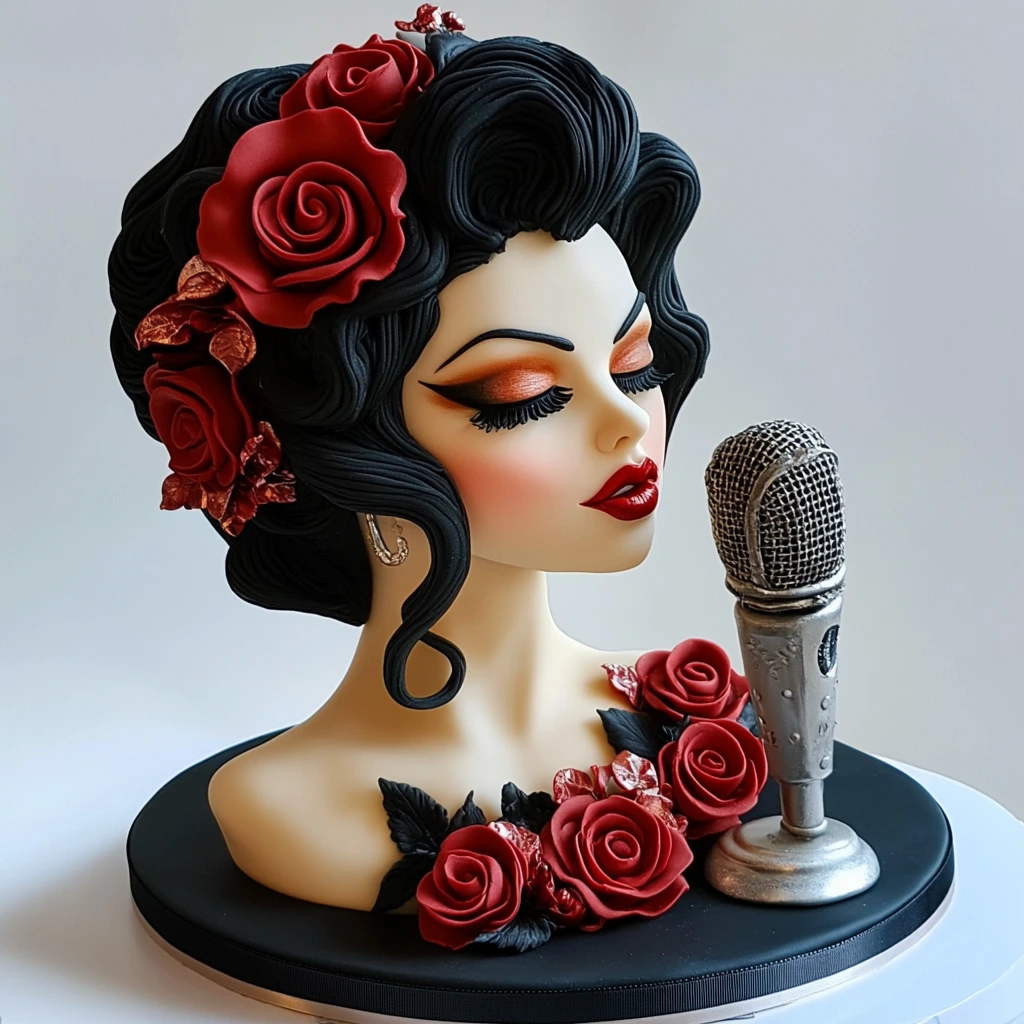 Amy Winehouse-themed cake with black beehive hair, red roses, and microphone decoration