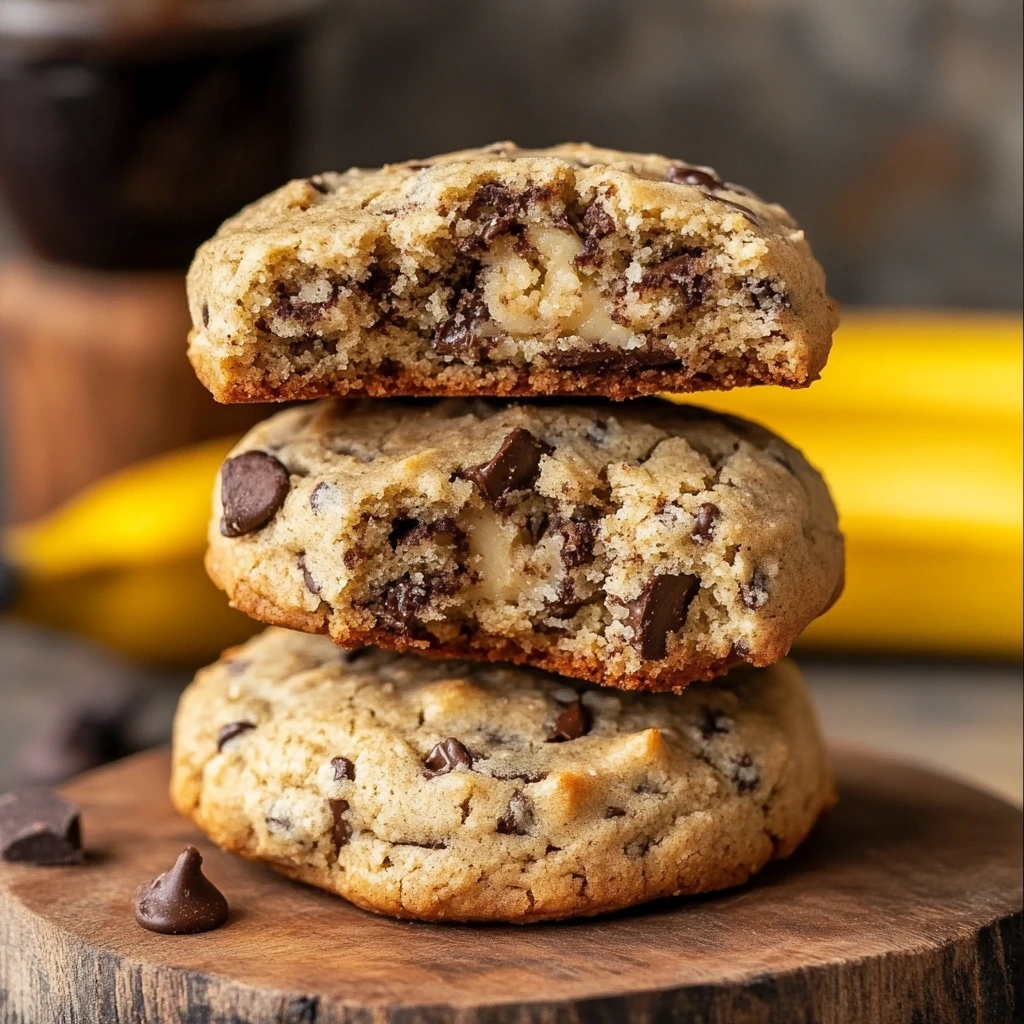 Freshly baked banana bread cookies on a cooling rack, topped with chocolate chips and chopped walnuts.