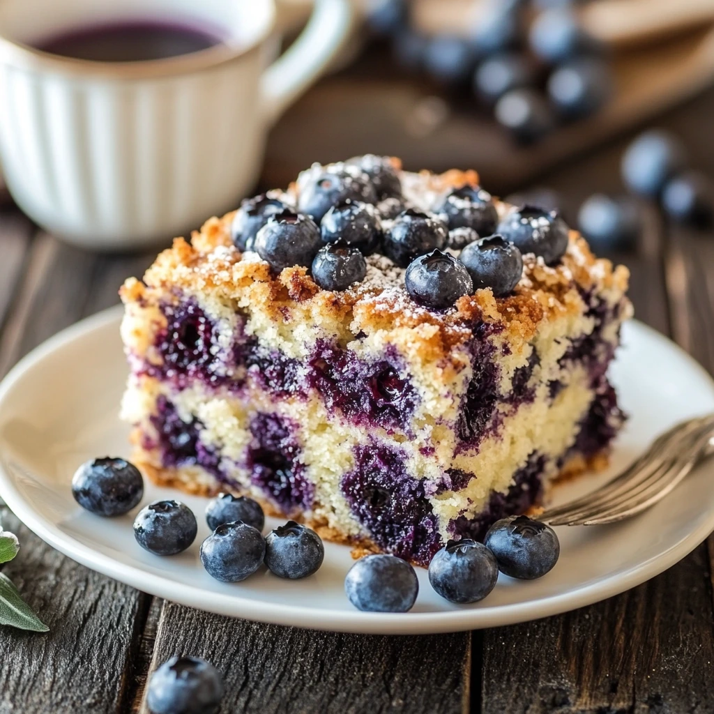 Freshly baked blueberry coffee cake with golden crumb topping and juicy blueberries