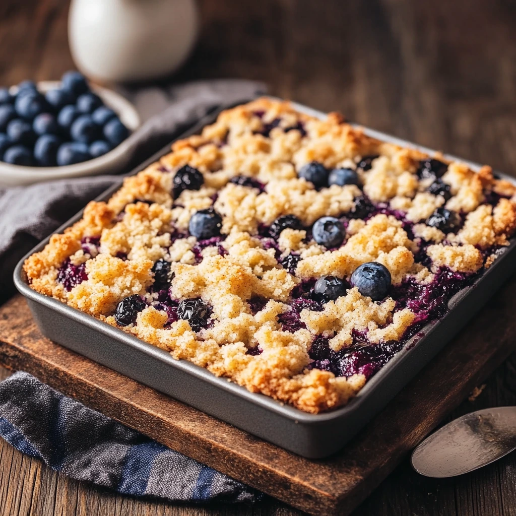 Homemade blueberry coffee cake in a baking dish with streusel topping