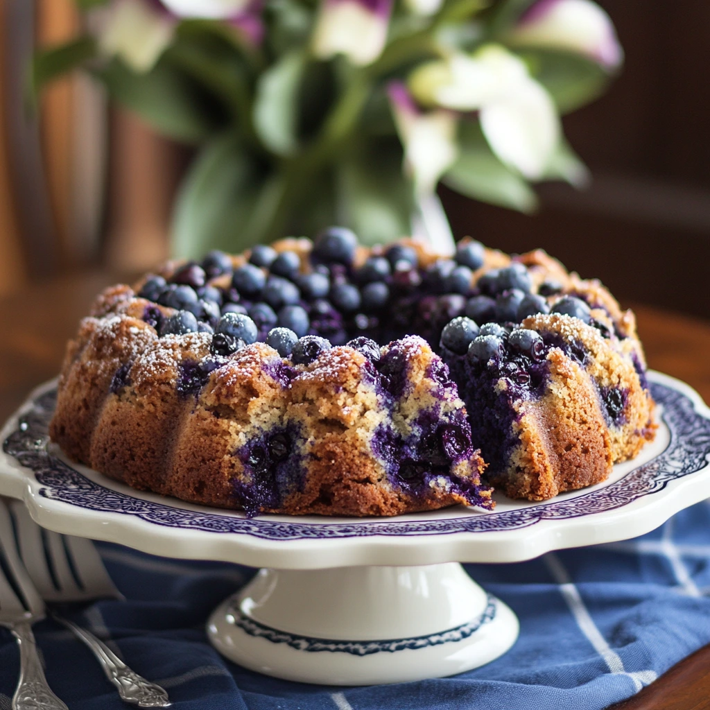 Slice of blueberry coffee cake on a plate with fresh blueberries and a coffee mug