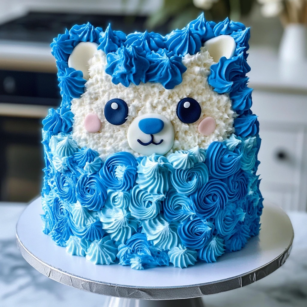 Bluey birthday cake decorated with blue and white frosting and Bluey character toppers