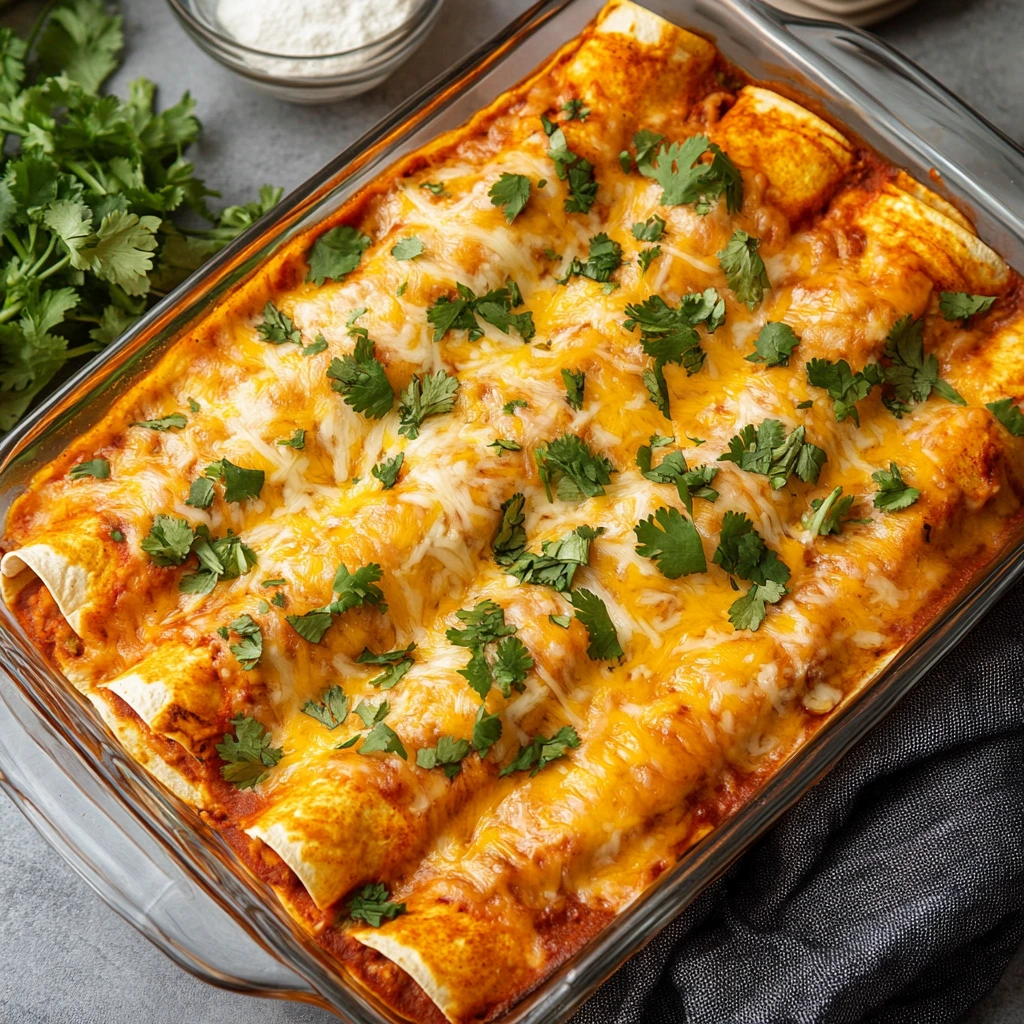 Plate of homemade cheese enchiladas topped with melted cheese and red enchilada sauce