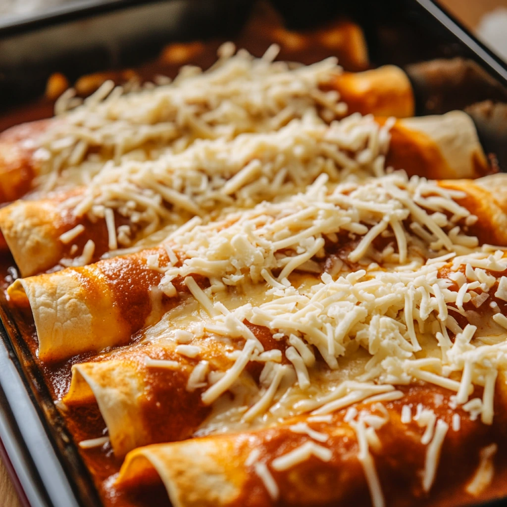 A close-up of freshly baked cheese enchiladas in a white ceramic dish, smothered in rich red sauce and gooey melted cheese, garnished with chopped cilantro. This image visually represents the classic cheese enchilada recipe, capturing its warm, comforting appeal perfect for a Mexican-inspired meal.