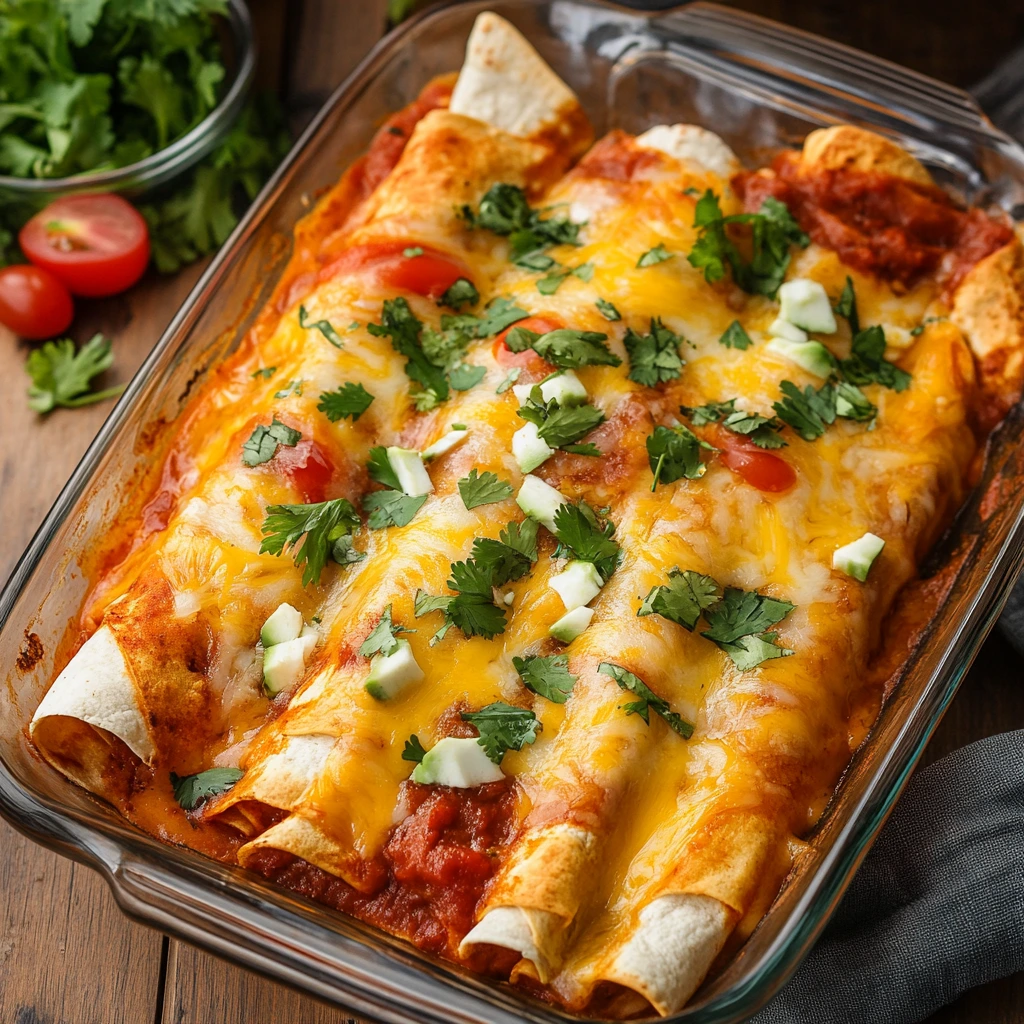 Baked cheese enchiladas in a casserole dish topped with melted cheese and fresh herbs