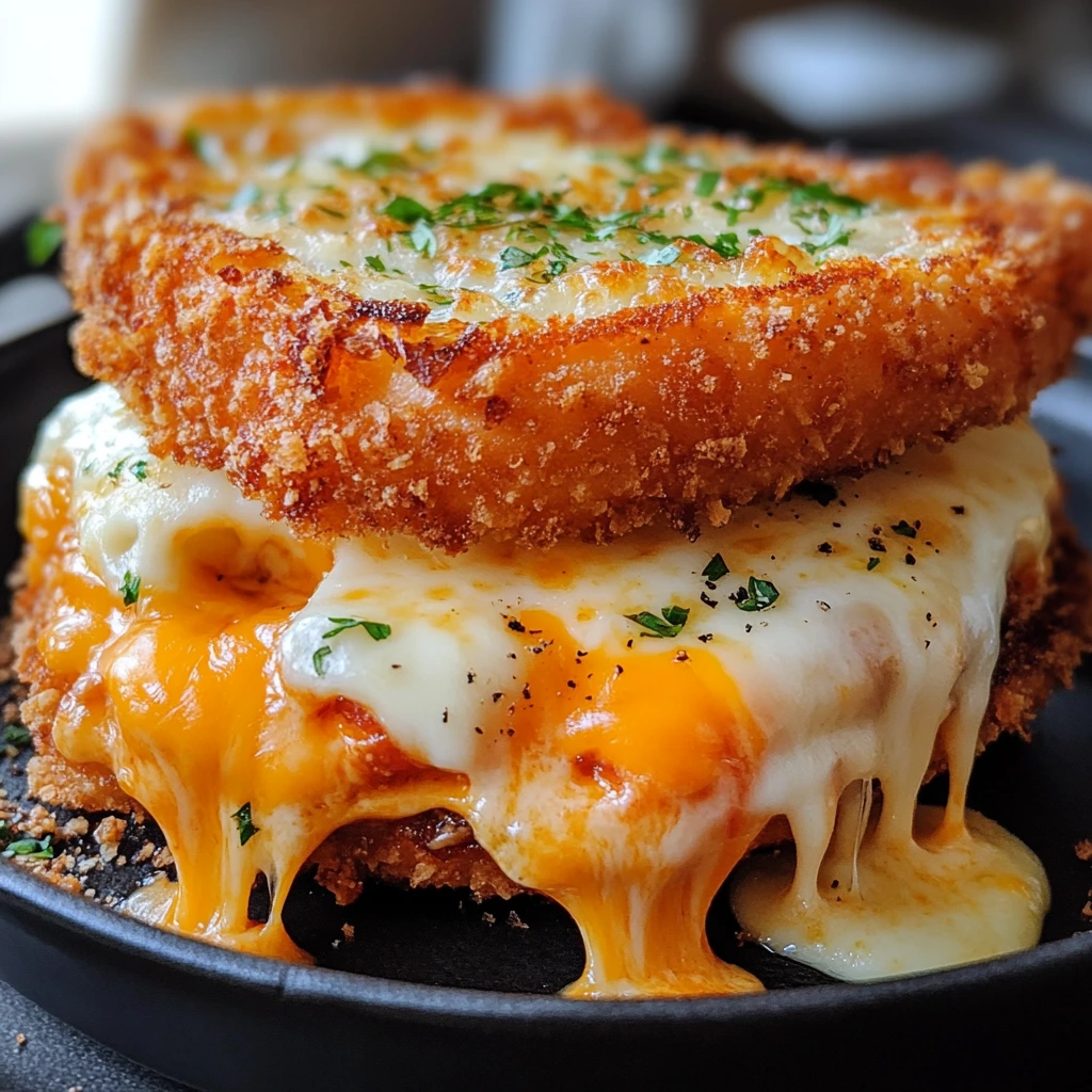 Golden-brown chicken topped with melted cheddar cheese in a skillet, garnished with herbs.