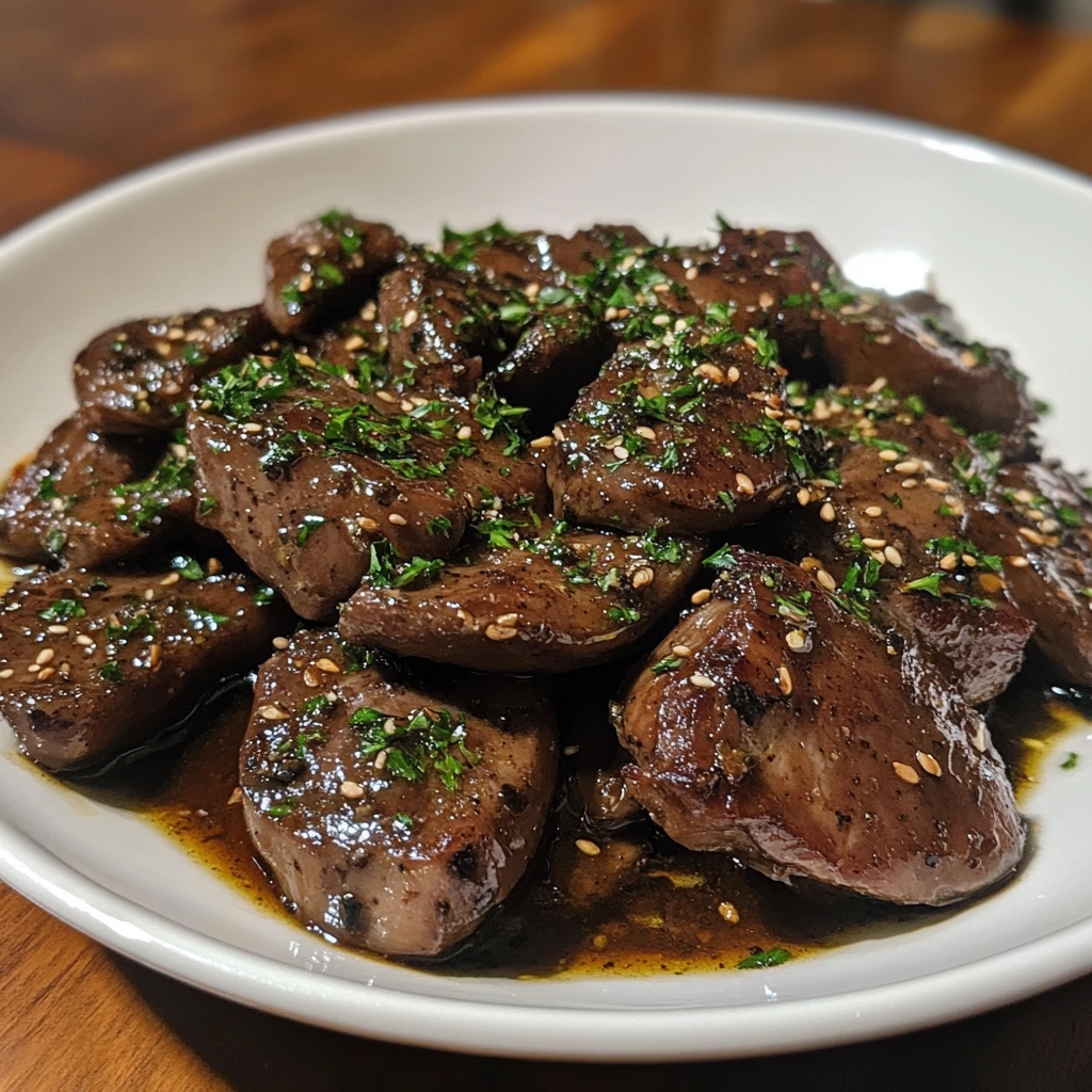 Cooked chicken liver served with sauteed onions and fresh herbs on a plate