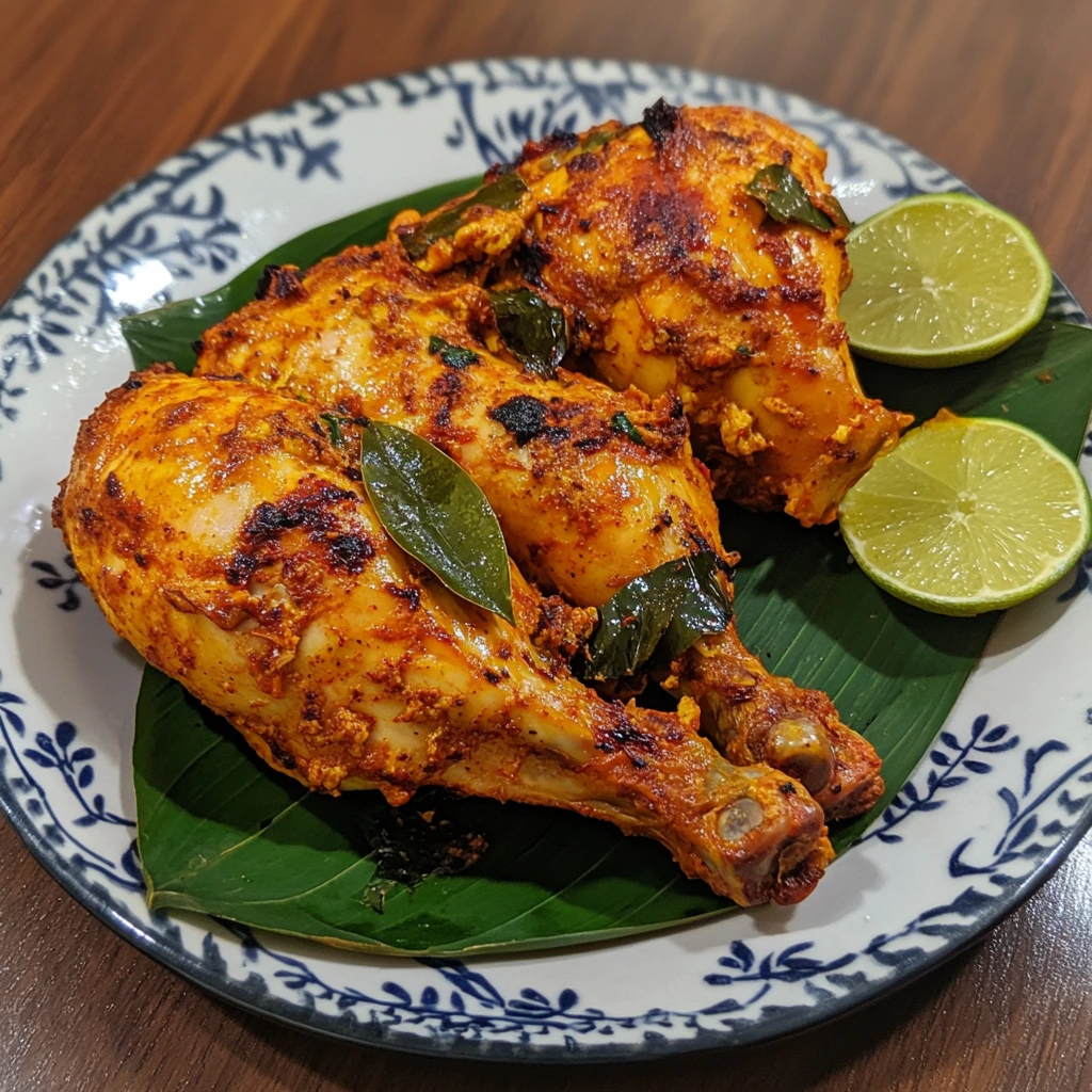 Spicy Cochin Chicken curry served in a traditional copper bowl, garnished with fresh curry leaves and paired with steamed rice.