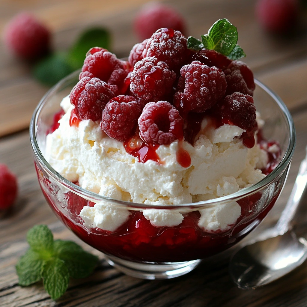 Creamy cottage cheese dessert topped with fresh berries and honey in a glass bowl.