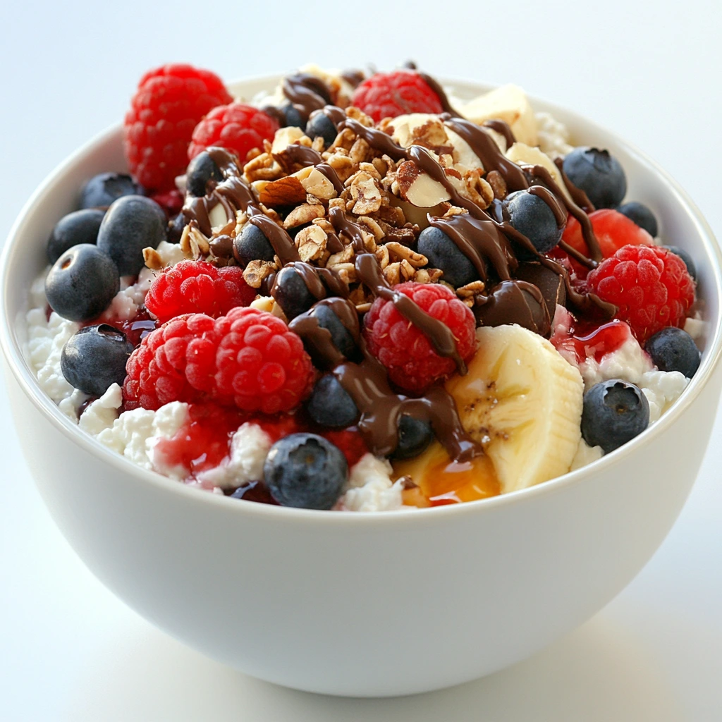 Blended cottage cheese dessert with banana slices and chocolate shavings.