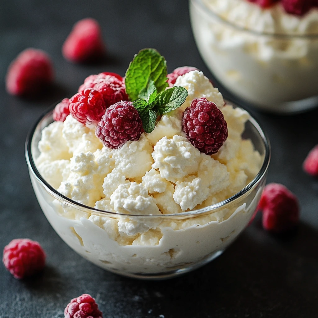 Cottage cheese dessert in a jar with granola and fruit layers.