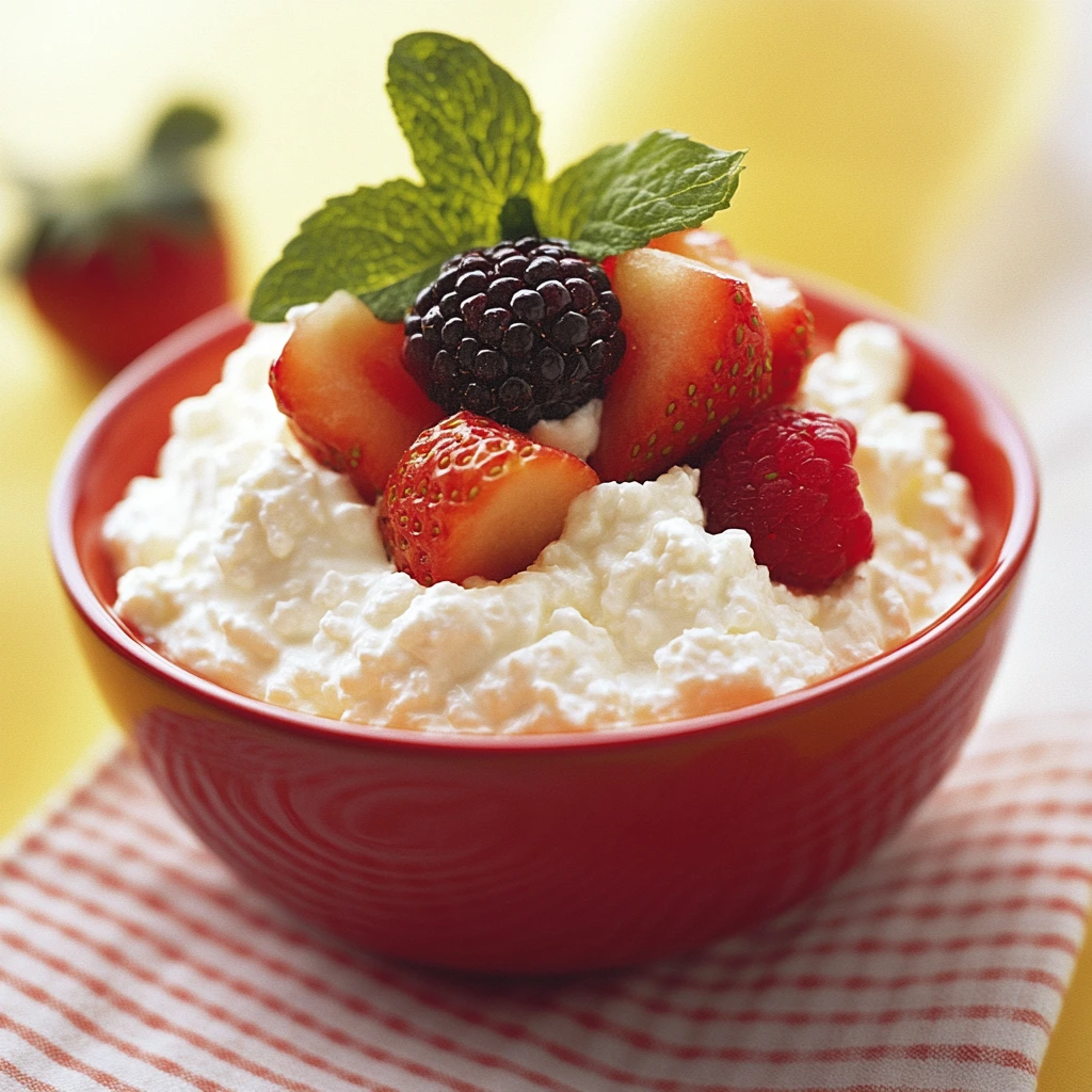 Cottage cheese dessert with mango chunks and mint garnish.