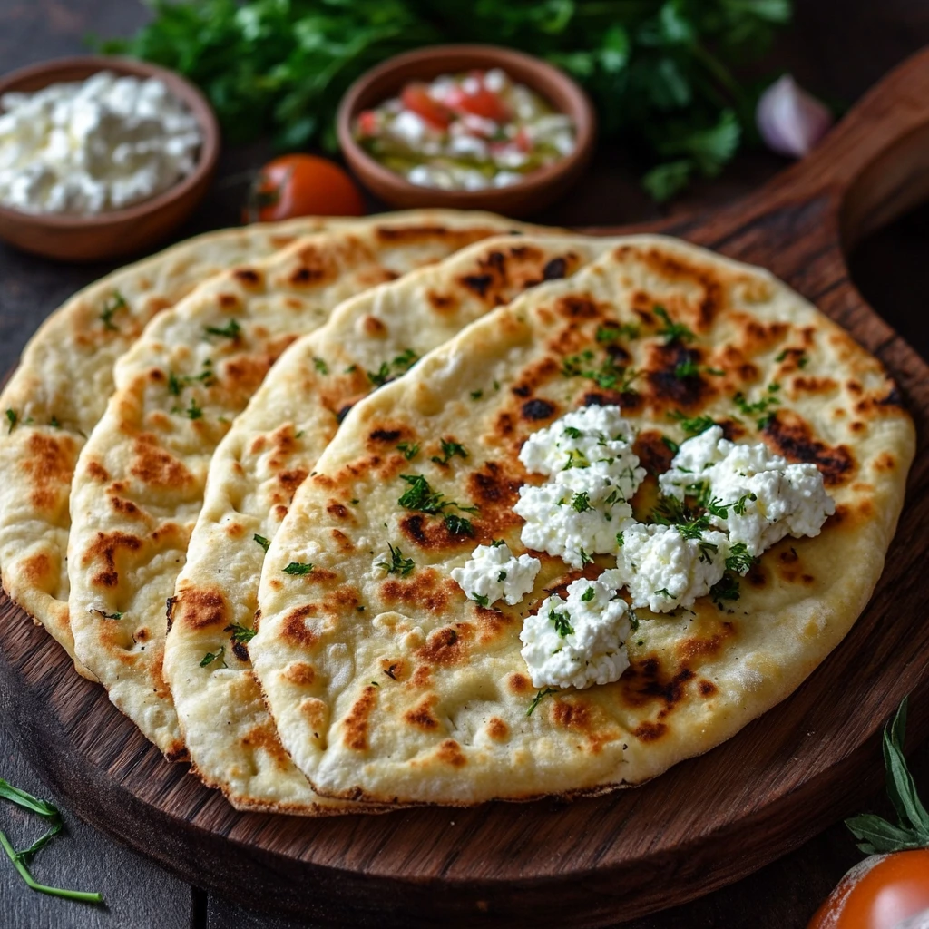 Golden brown cottage cheese flatbread served on a wooden board with fresh herbs and a small bowl of dipping sauce.