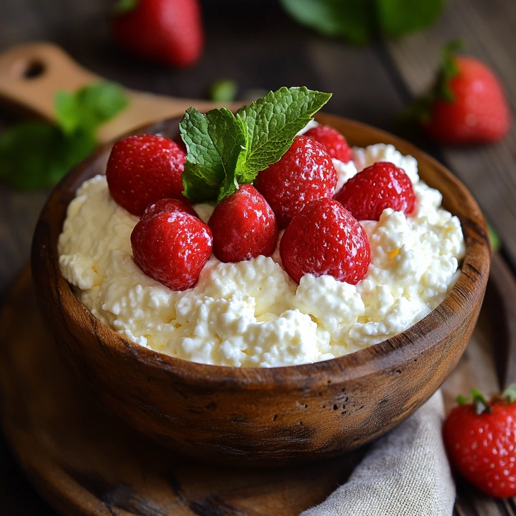 Easy cottage cheese dessert layered with strawberries and granola in a glass jar