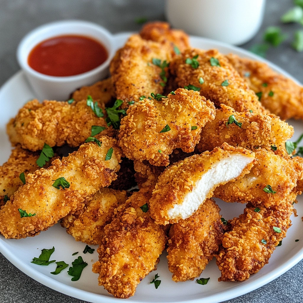 Fried chicken strips served hot with dipping sauces and a side of fries on a white plate