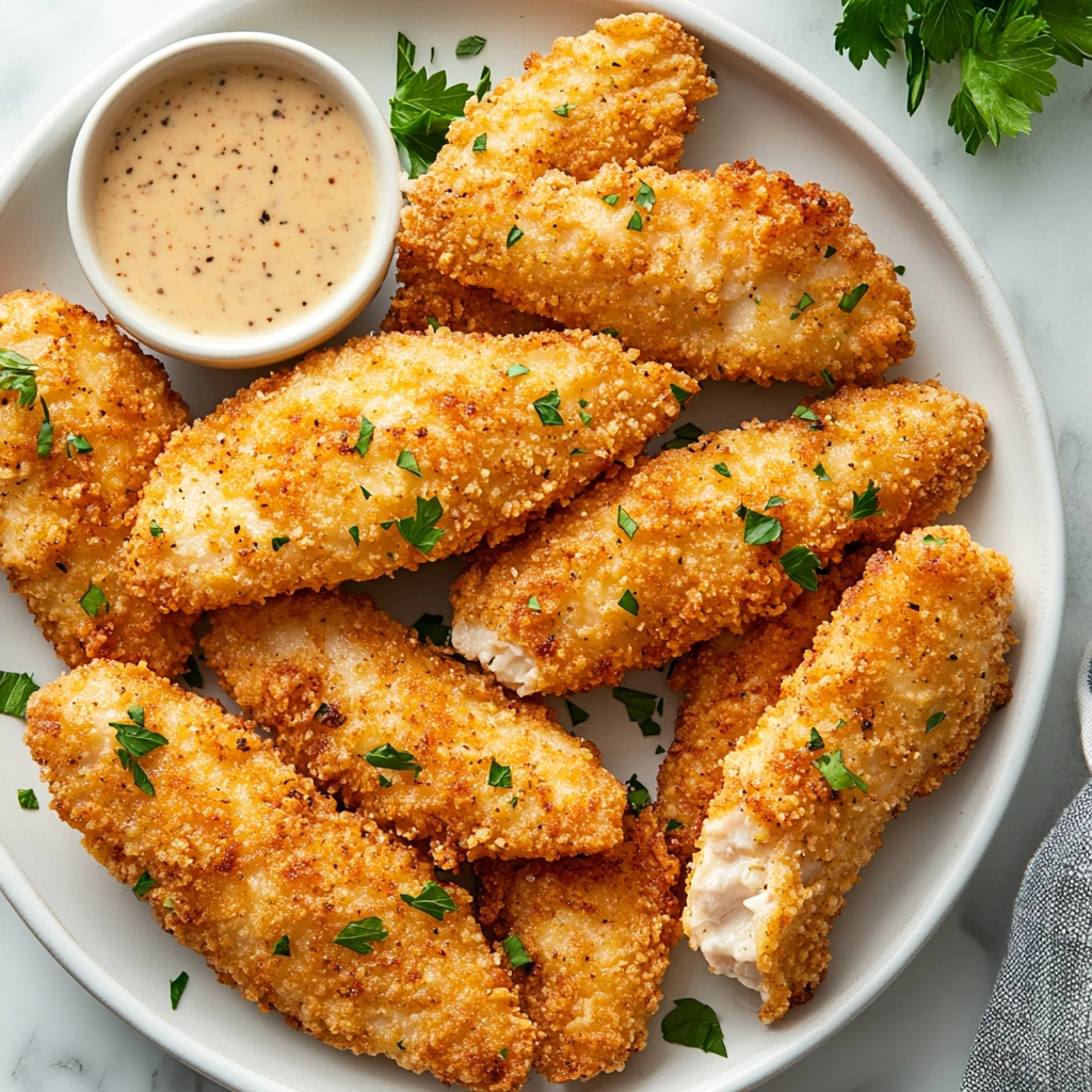 Golden crispy fried chicken strips stacked on a wooden board with fresh herbs and dipping sauce.