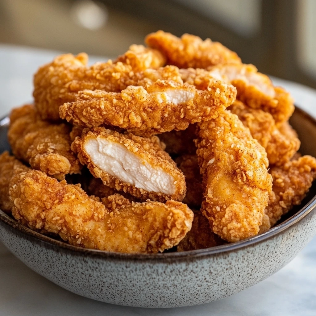 Crispy fried chicken strips on a plate with a bowl of spicy dipping sauce and fresh salad on the side.
