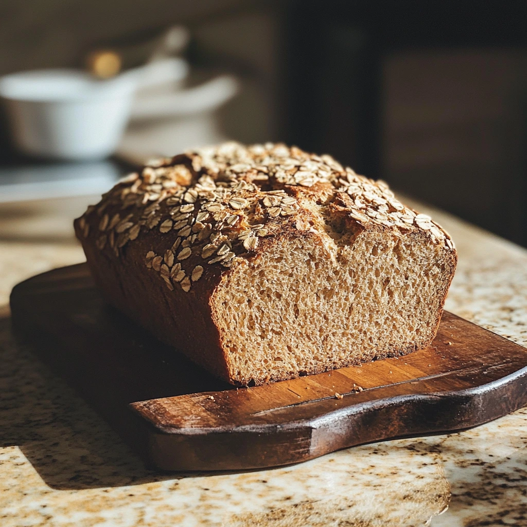 Freshly baked gluten free bread loaf with a golden crust on a wooden cutting board.