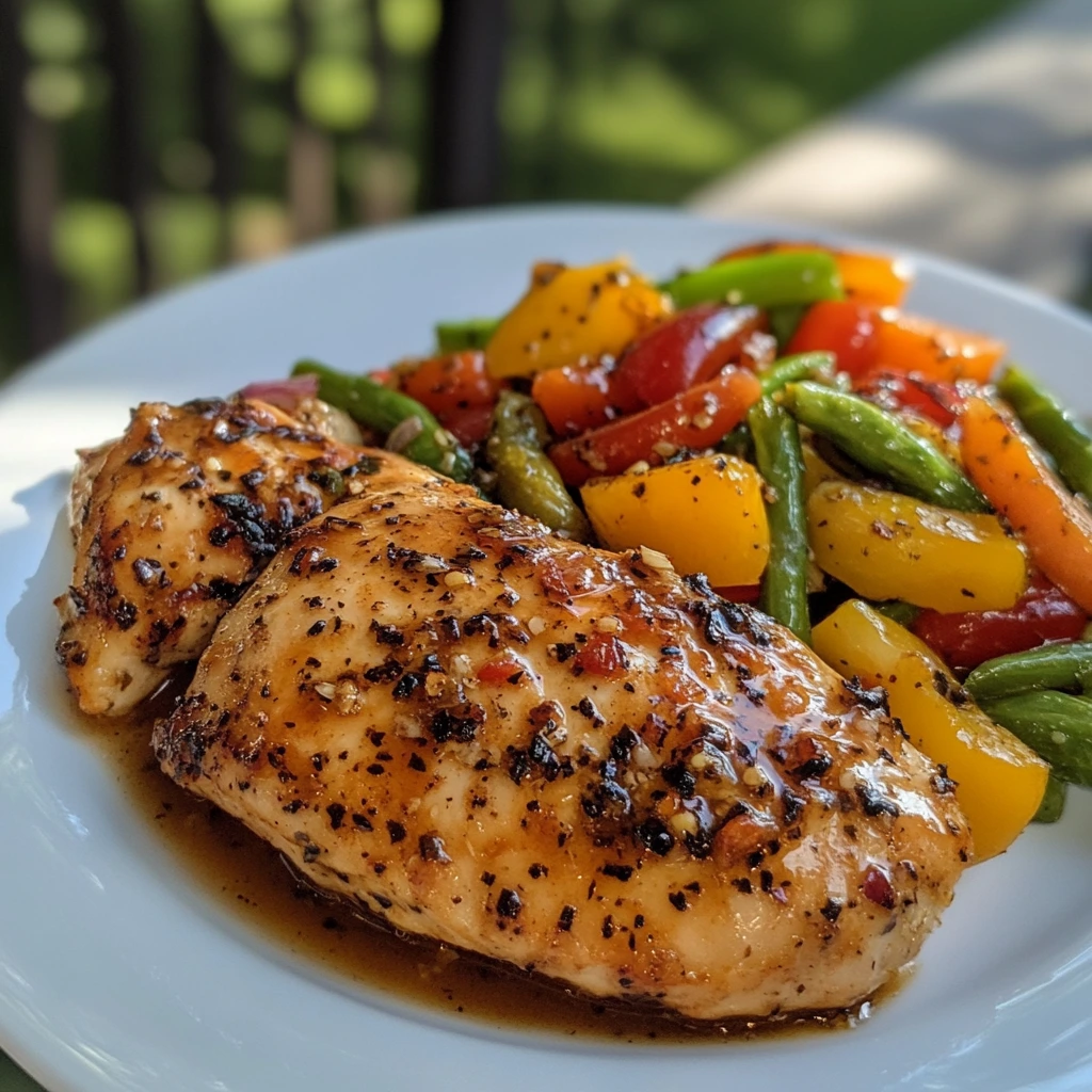 Grilled healthy chicken breast served with vegetables and lemon slices on a white plate