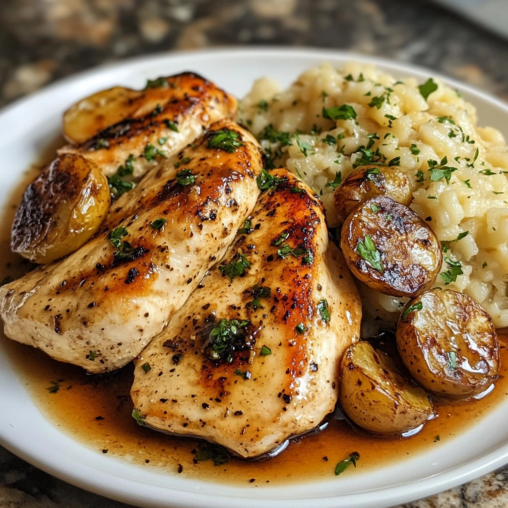 Pan-seared healthy chicken breast with garlic and herbs, served alongside quinoa and sauteed greens