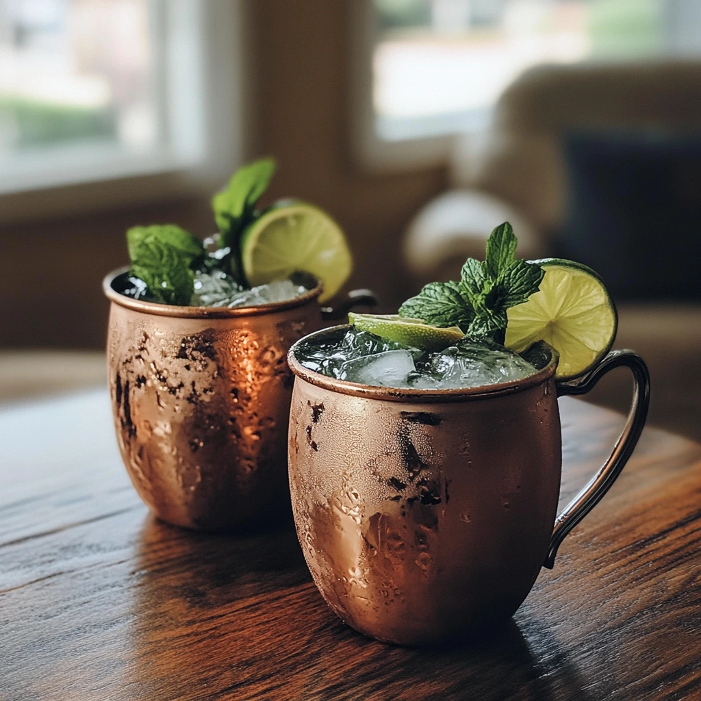 Bourbon Kentucky Mule cocktail with ginger beer and lime on a wooden table