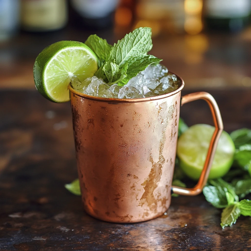 Classic Kentucky Mule cocktail with ice, lime wedge, and copper mug on marble background