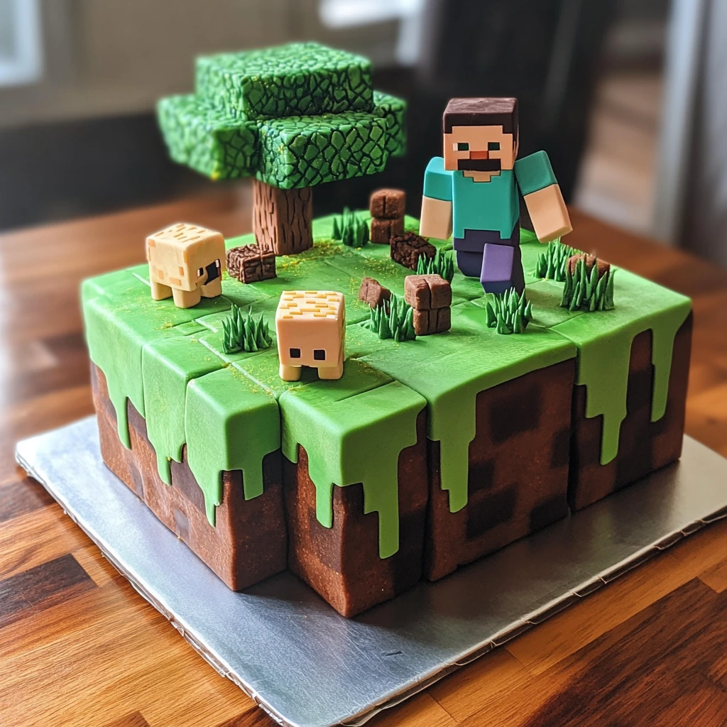 Minecraft cake with pixelated red cherries and white frosting, inspired by the game’s iconic cake block.