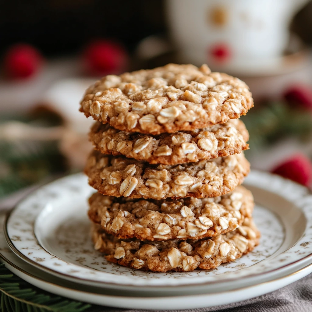 Close-up of soft and chewy Quaker Oats oatmeal cookies stacked on a rustic wooden table.