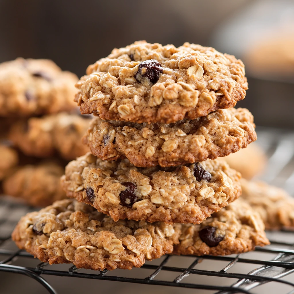 Quaker Oats oatmeal cookies arranged on a white plate with a glass of milk beside them.