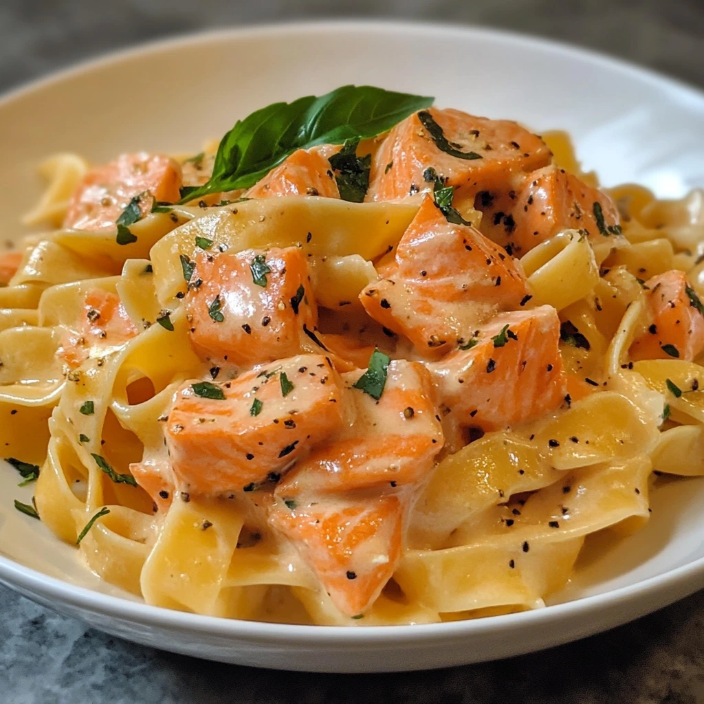 Creamy salmon pasta served in a white bowl with fresh herbs and lemon slices