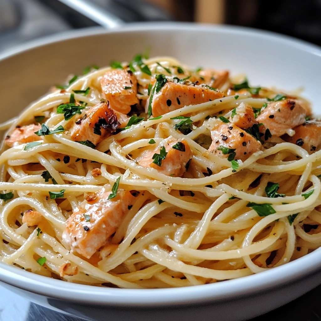 Pan-seared salmon pasta with cream sauce and fresh basil on a dinner plate