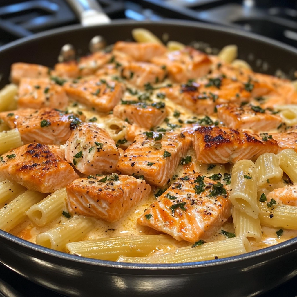 Salmon pasta in a skillet with creamy sauce and sprinkled Parmesan