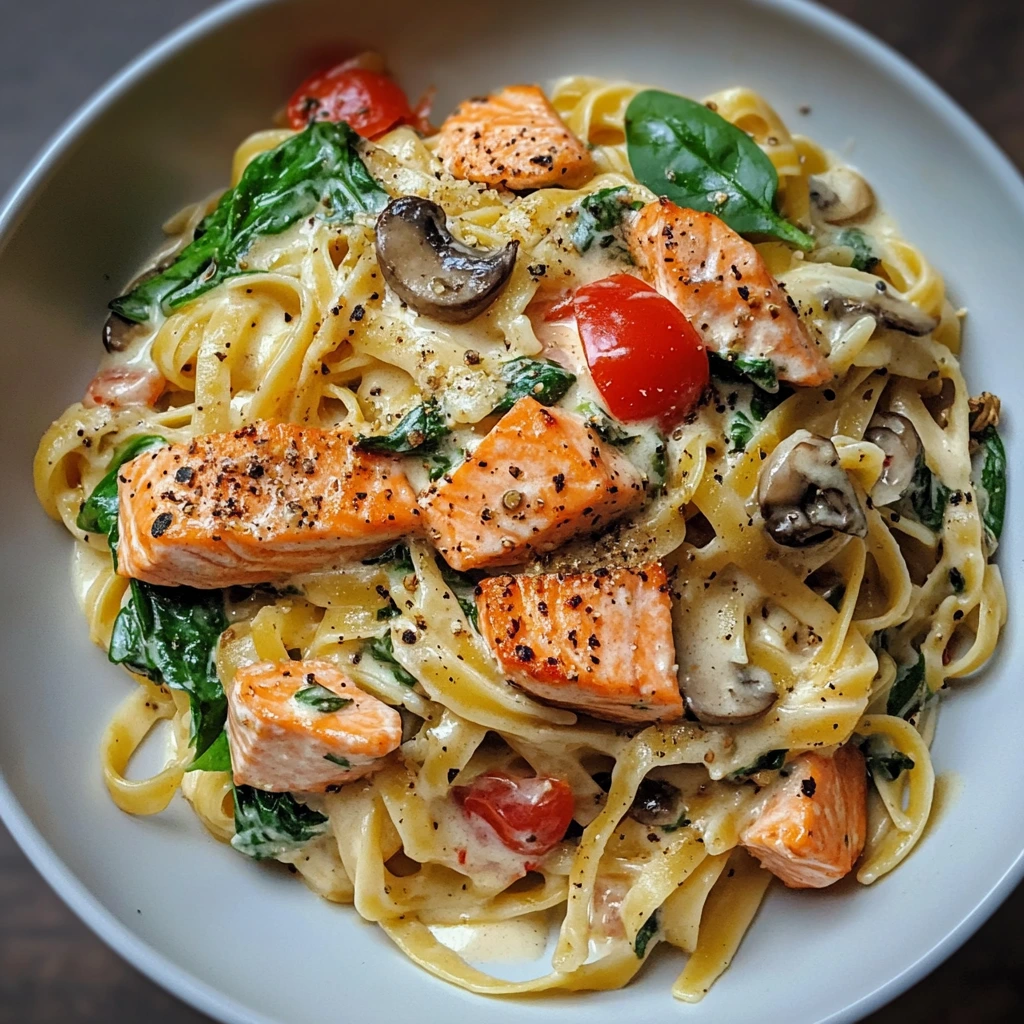 Fork twirling creamy salmon pasta with herbs and lemon zest