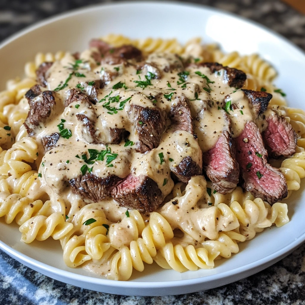 Juicy sliced steak served over creamy pasta garnished with fresh parsley