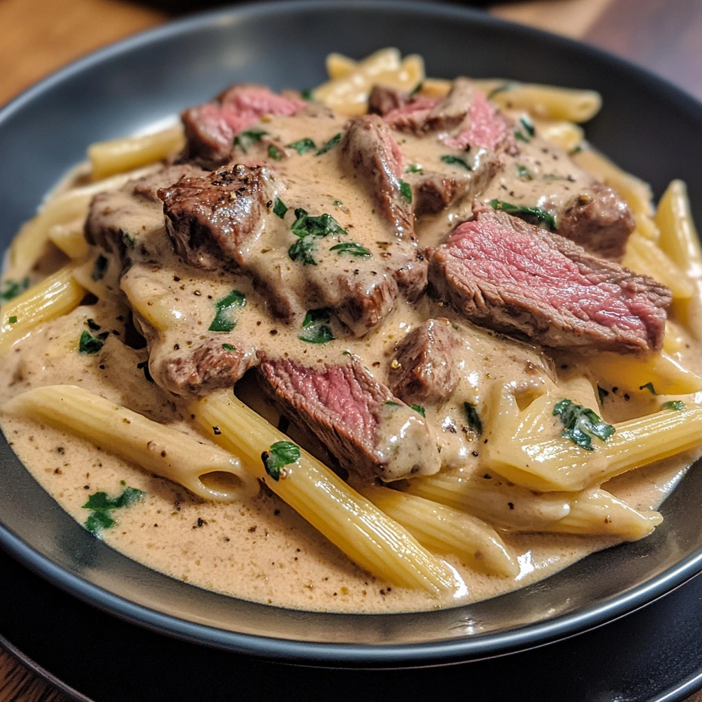 Steak and pasta in a creamy garlic sauce served on a white plate