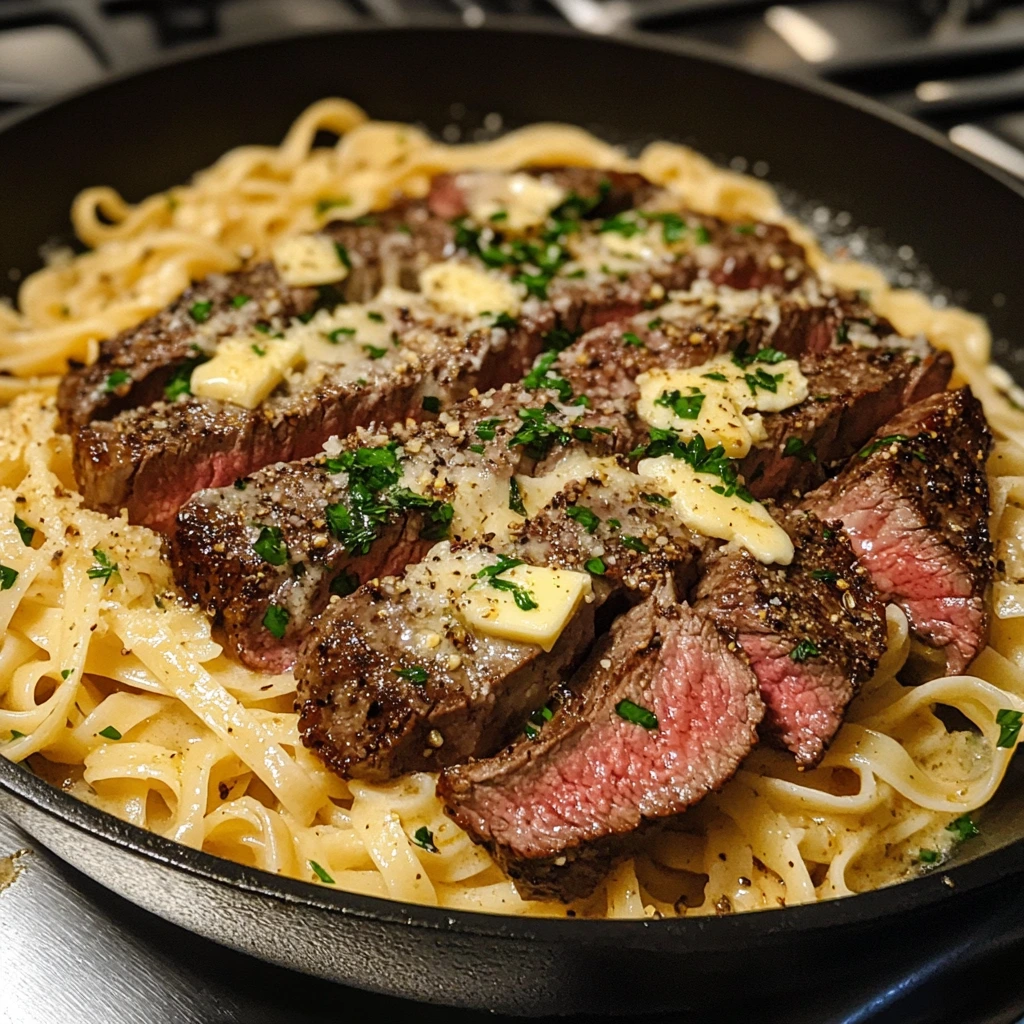 Creamy steak and pasta dish with Parmesan and fresh herbs