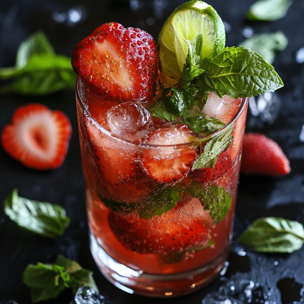Fresh strawberry cocktail in a clear glass garnished with a strawberry slice and mint leaves on a wooden table.