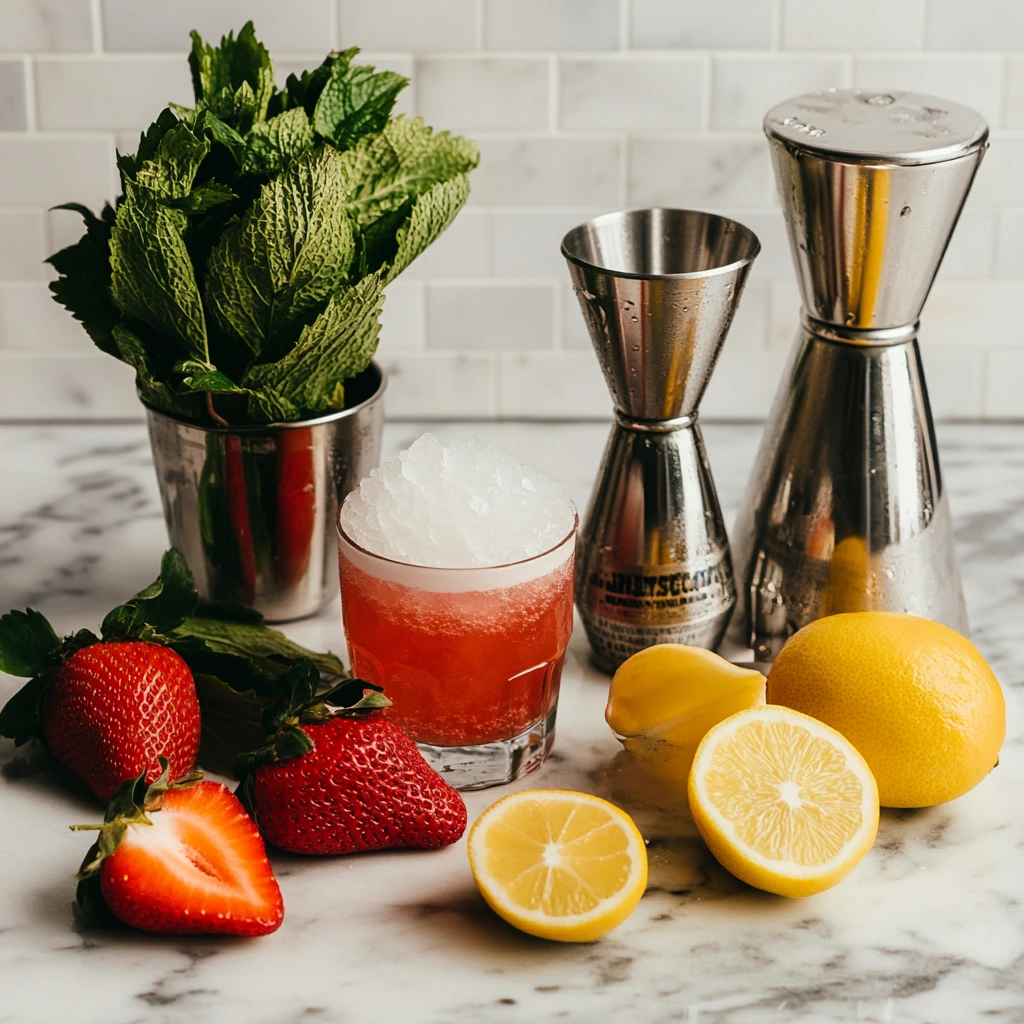 Chilled strawberry cocktail with crushed ice and fresh strawberries, garnished with a lime wedge and mint sprig.