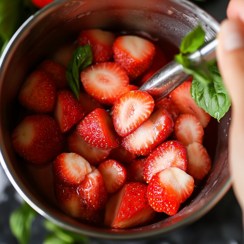 Strawberry cocktail in a stylish glass with a straw, surrounded by fresh strawberries and green mint leaves.