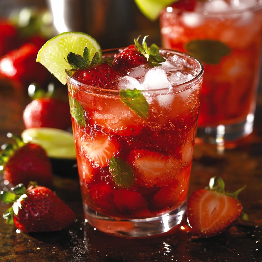 Bright red strawberry cocktail with ice cubes and a strawberry garnish, placed on a white surface with scattered strawberries.