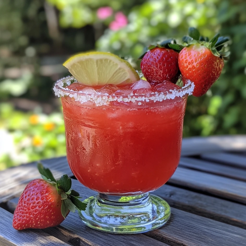 Refreshing strawberry margarita served in a salt-rimmed glass with fresh strawberries and lime garnish