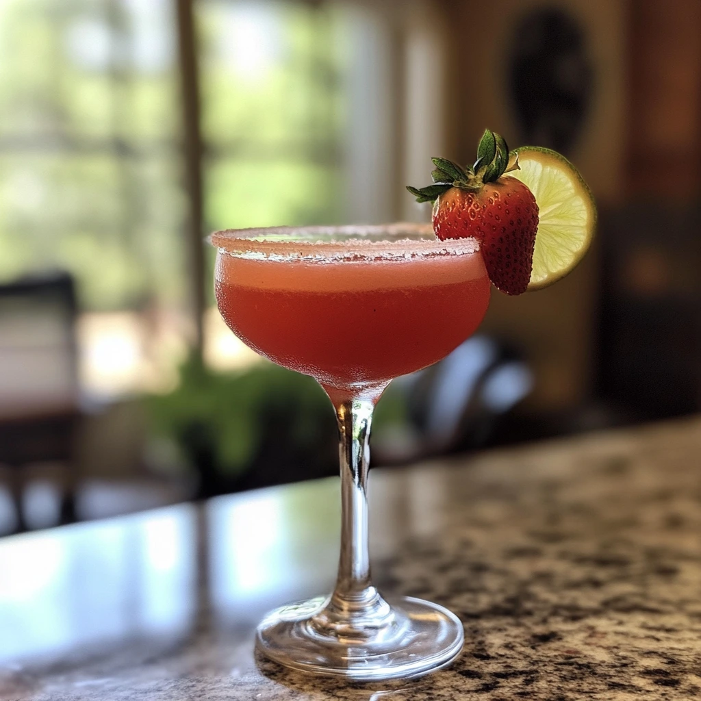 Frozen strawberry margarita in a glass with sugar rim and strawberry garnish