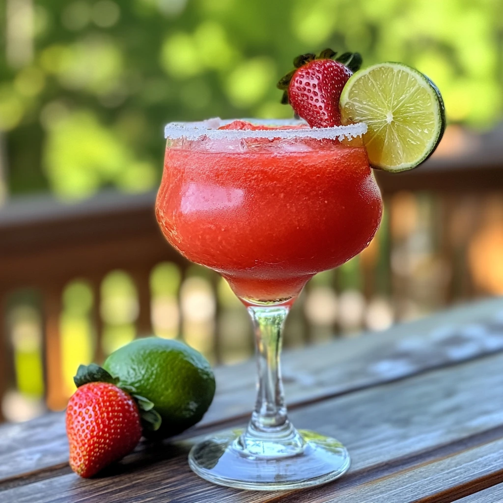 Classic strawberry margarita on the rocks with lime and strawberry slices