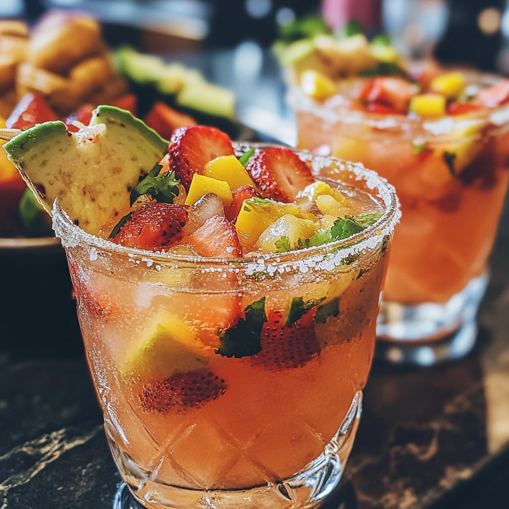 Strawberry margarita pitcher with glasses, fresh strawberries, and lime wedges