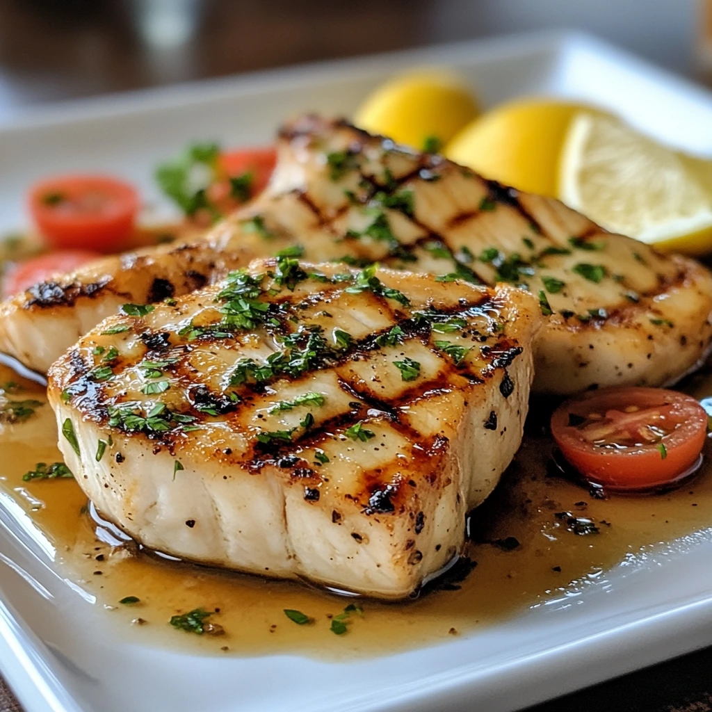 Grilled swordfish steak served with lemon wedges and fresh herbs on a white plate