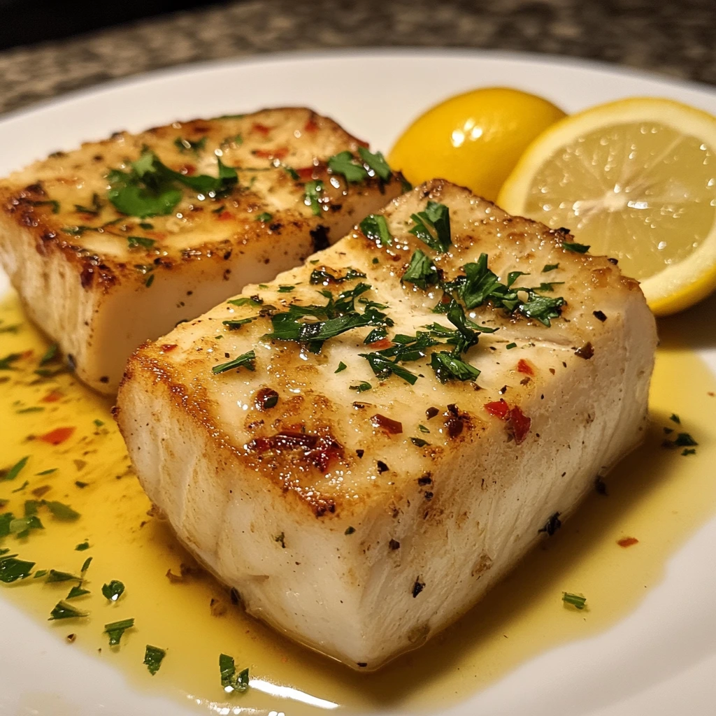 Pan-seared swordfish steak with garlic butter sauce and herbs