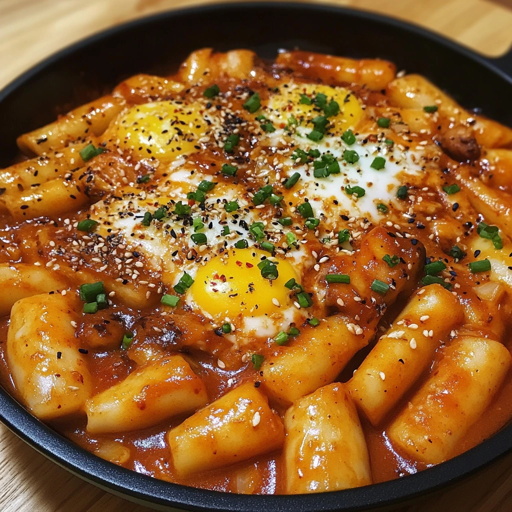 Spicy Korean tteokbokki in a pan with fish cakes and green onions